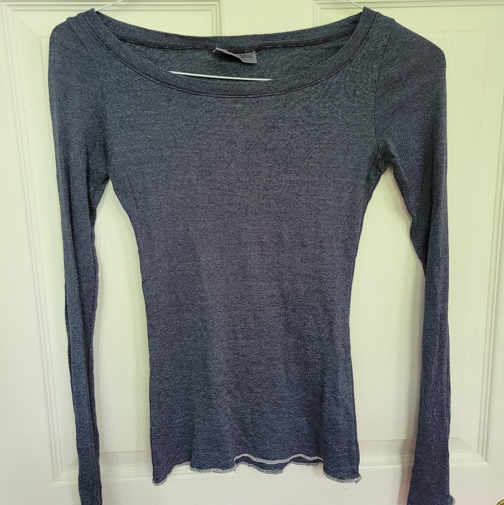 Michael Stars Anthropologie Metallic Blue Boatneck Long Sleeve Shirt, Small